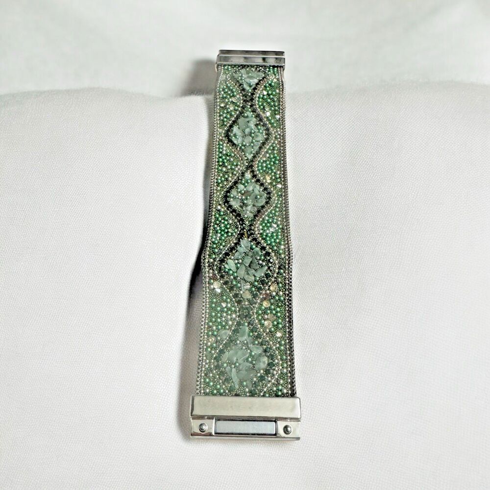 Green Beaded Statement Bracelet Silver Tone Magnetic Clasp Mosaic  Rhinestone